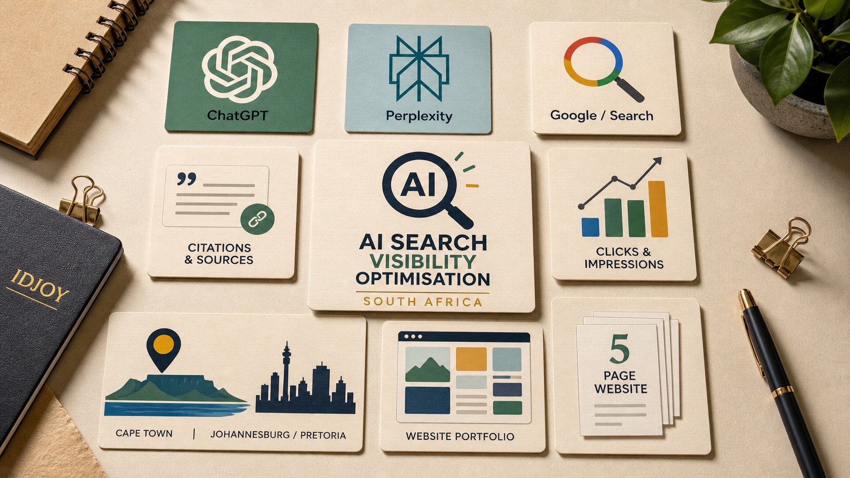 Editorial icon board showing AI search, citations, analytics, city signals and website portfolio proof