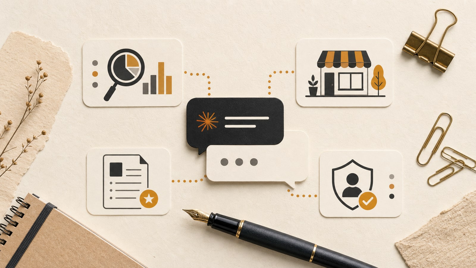 Editorial icon board showing three crawler tokens, a robots.txt card and a citation marker on warm paper