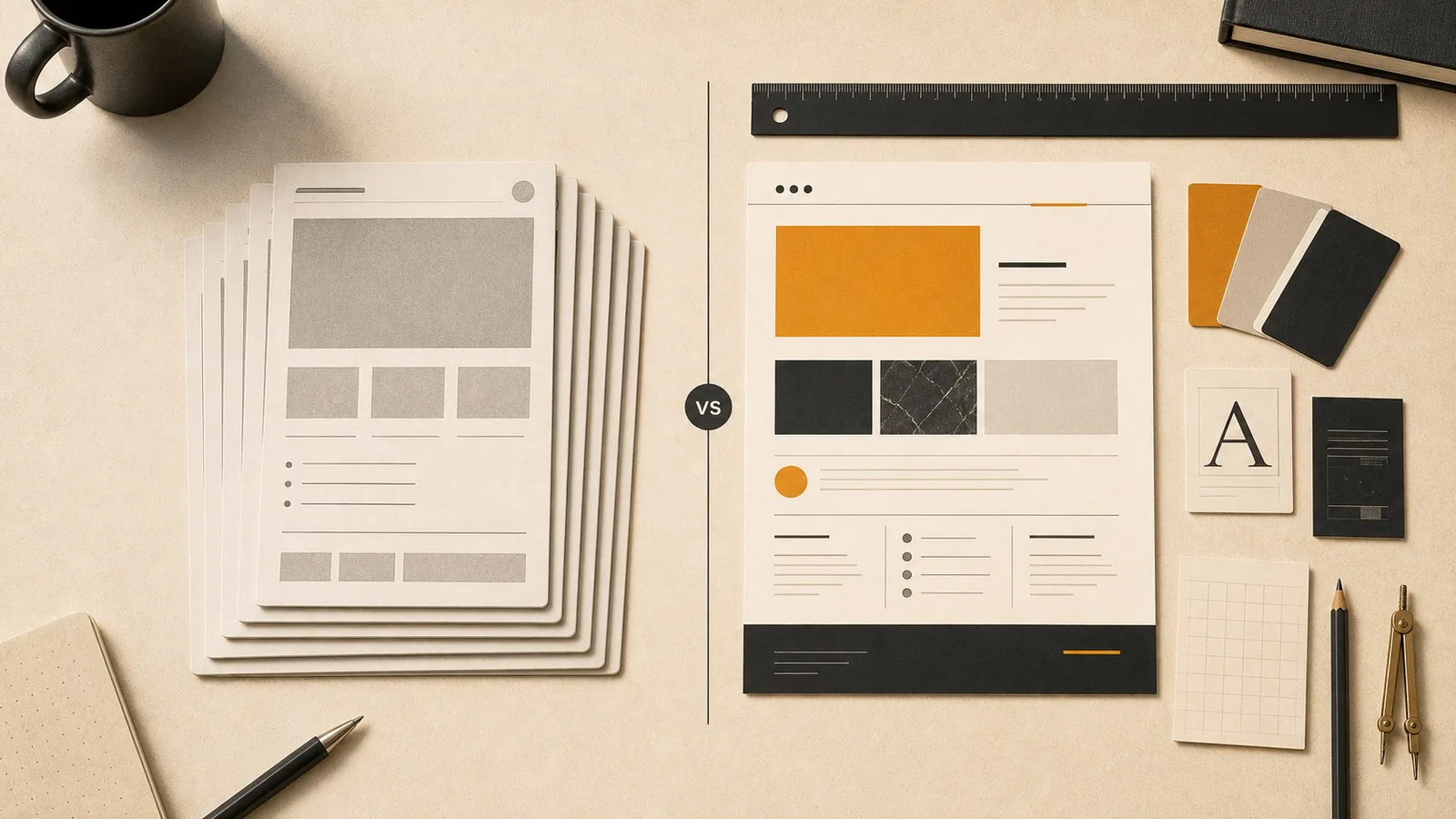 Editorial comparison of custom website design and template layout cards