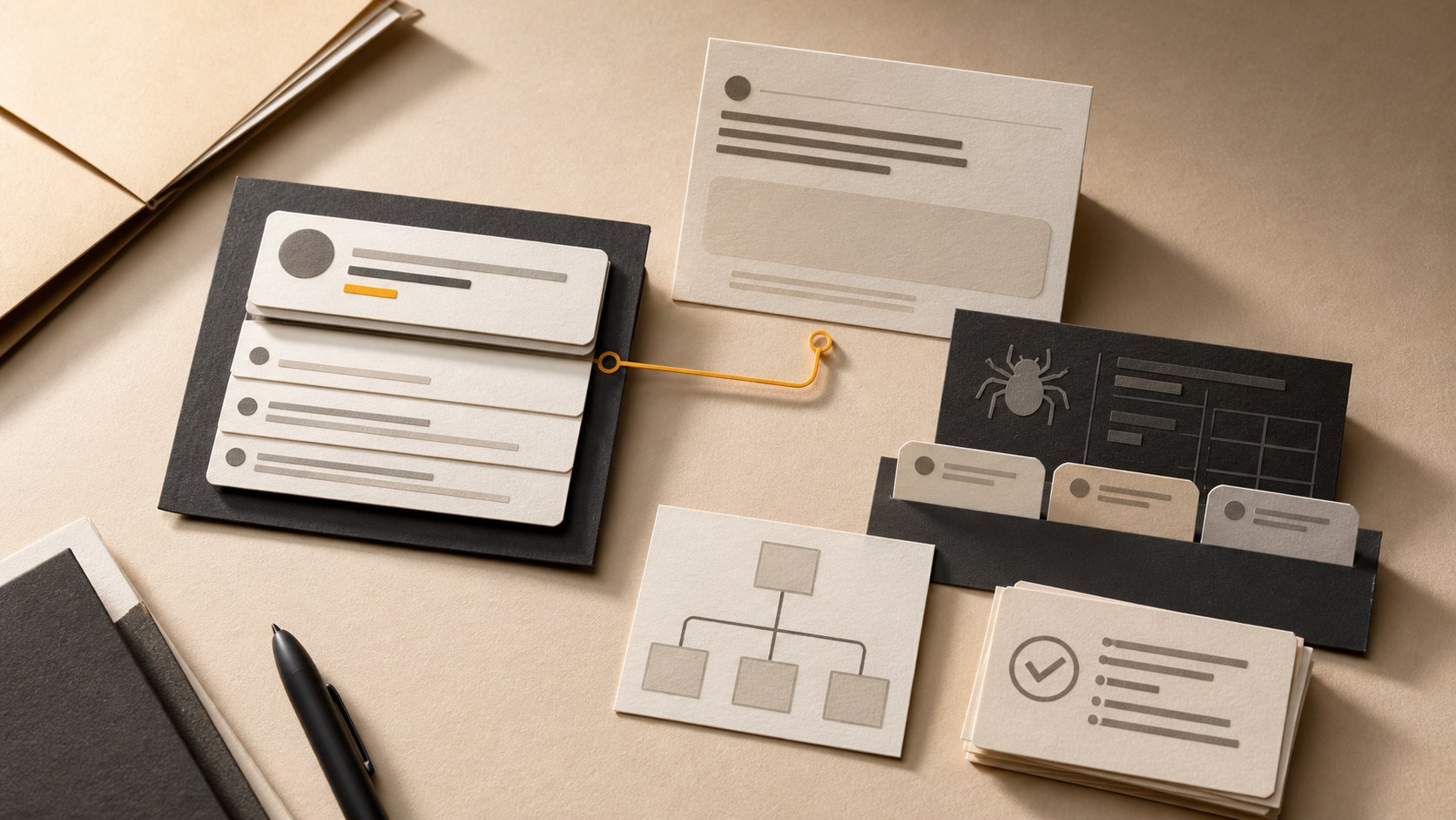Editorial still life of search cards, AI answer layers, crawler access notes and source citation tabs