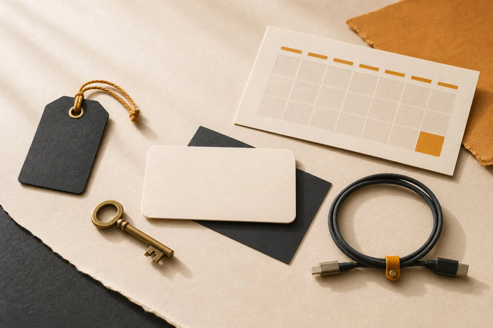Editorial still life of domain tag, hosting card, calendar card and key