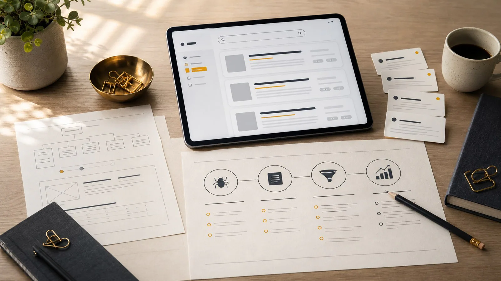 Editorial checklist scene showing AI search, website structure and analytics signals
