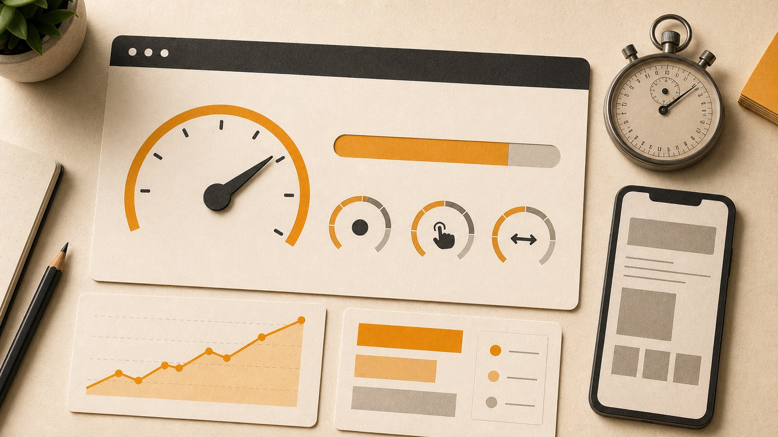 Editorial image of website speed gauges and performance cards