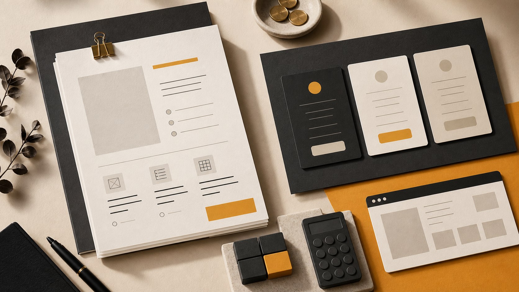 Editorial still life of website proposal cards and pricing scope materials
