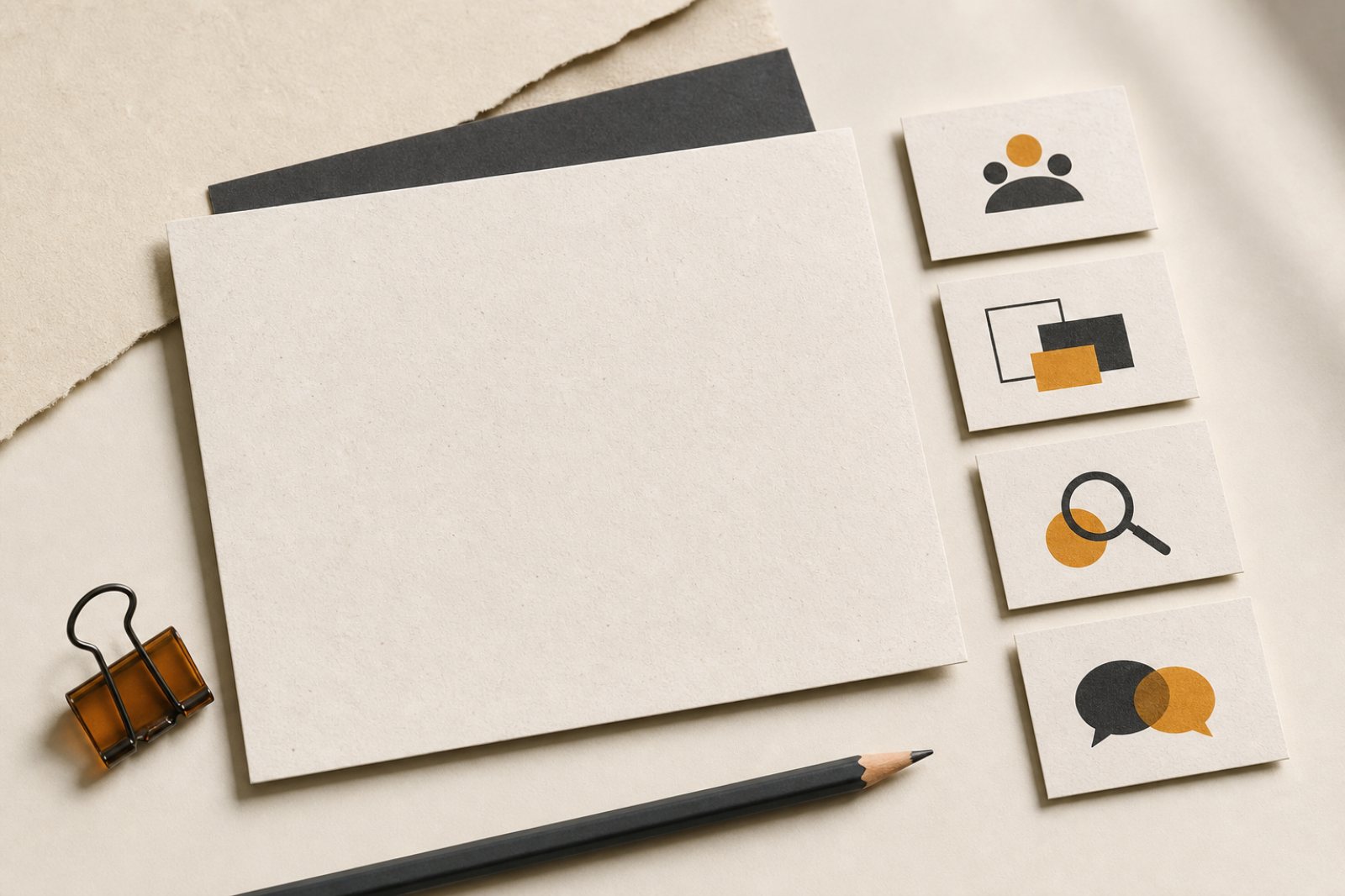 Editorial still life of a blank website project brief card, planning cards and pencil