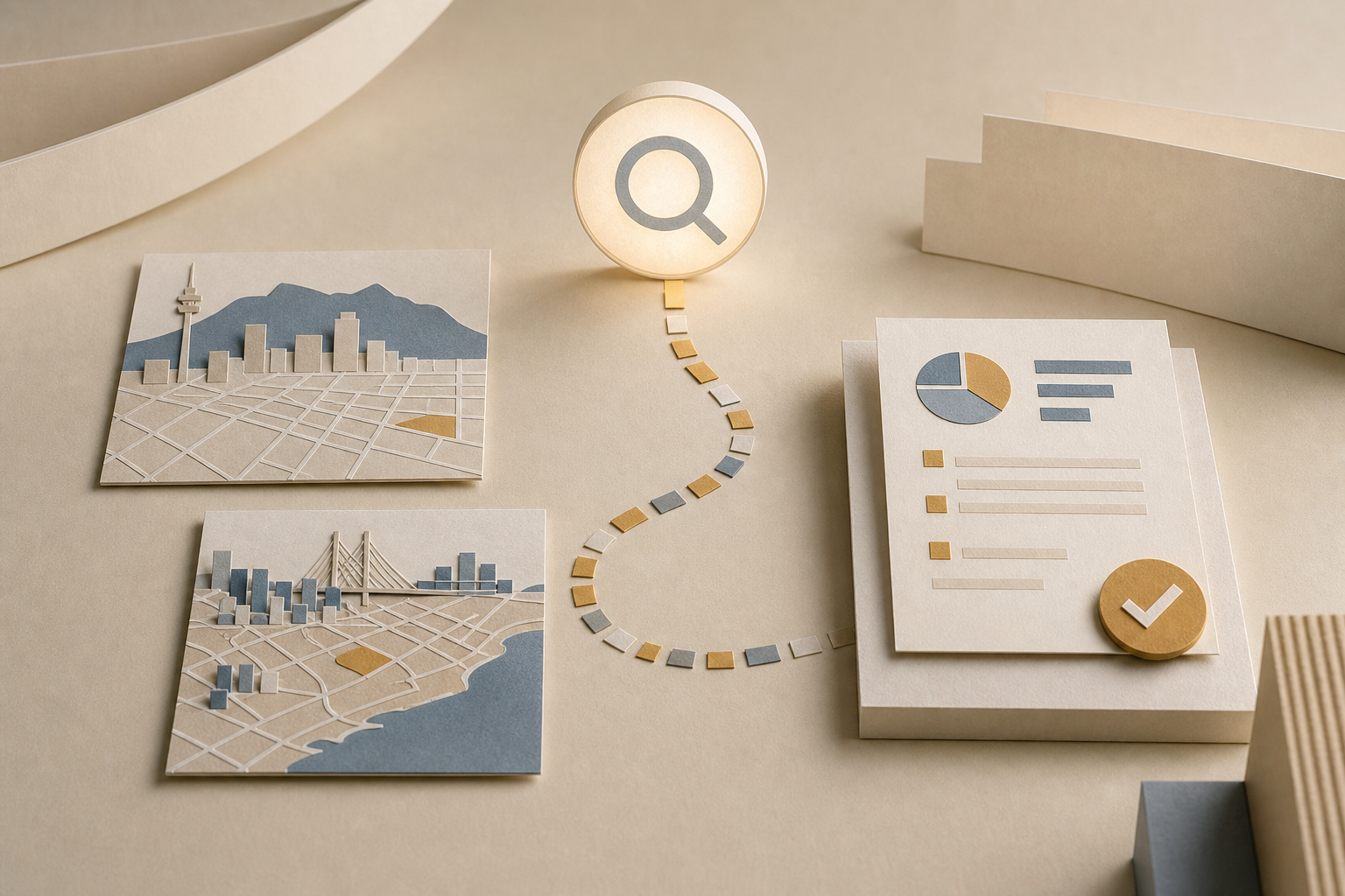 Editorial local search card connecting city markers with a verified business evidence card