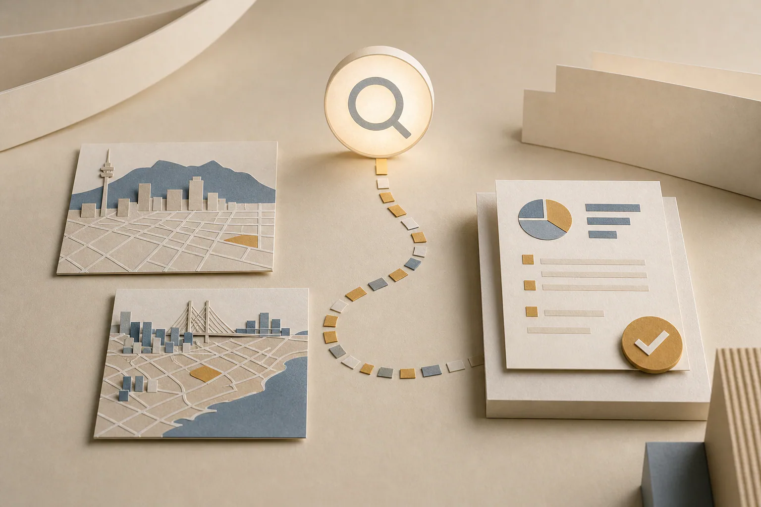 Editorial local search card connecting city markers with a verified business evidence card