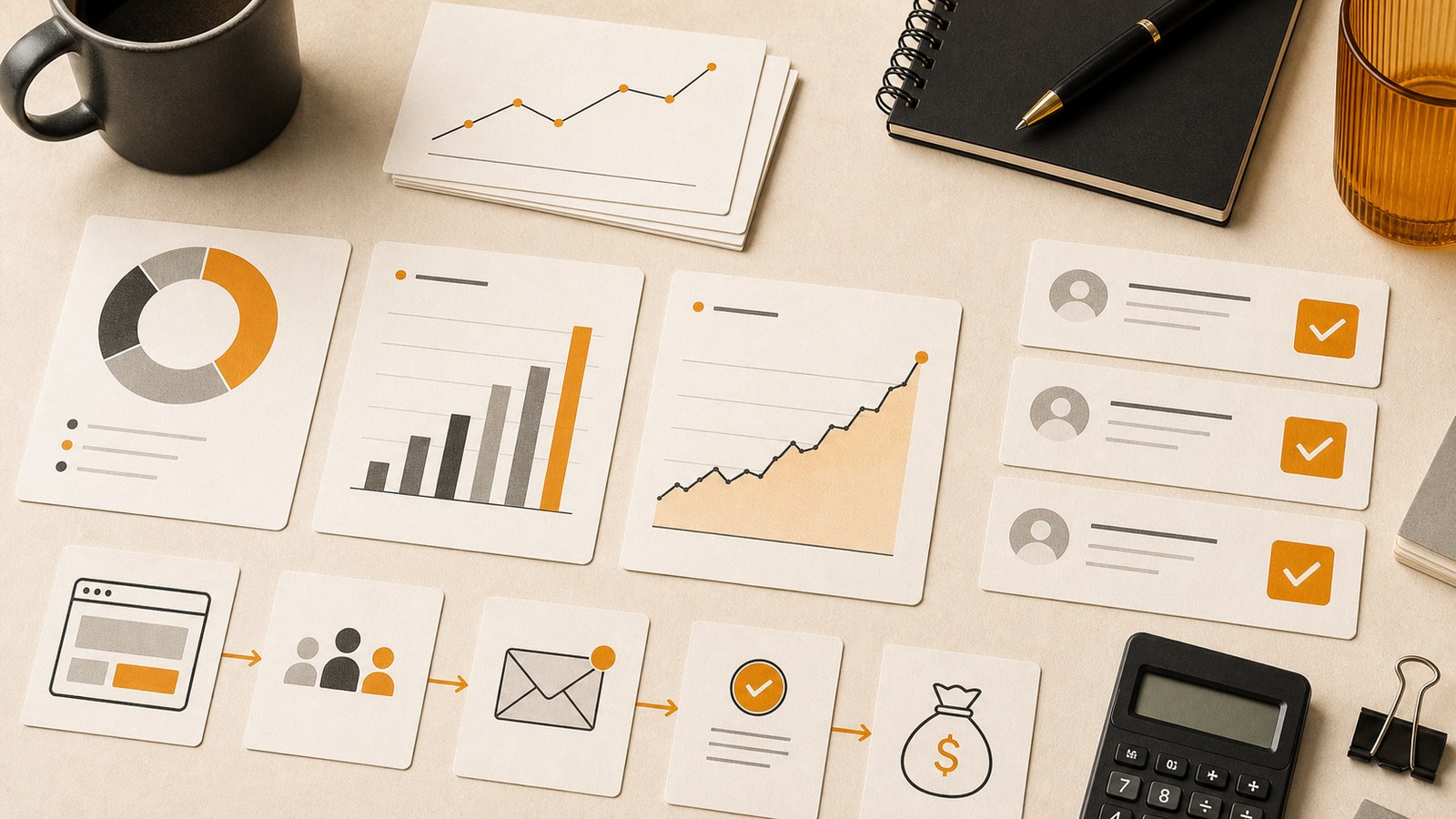 Editorial image of analytics cards connected to enquiry and business value signals