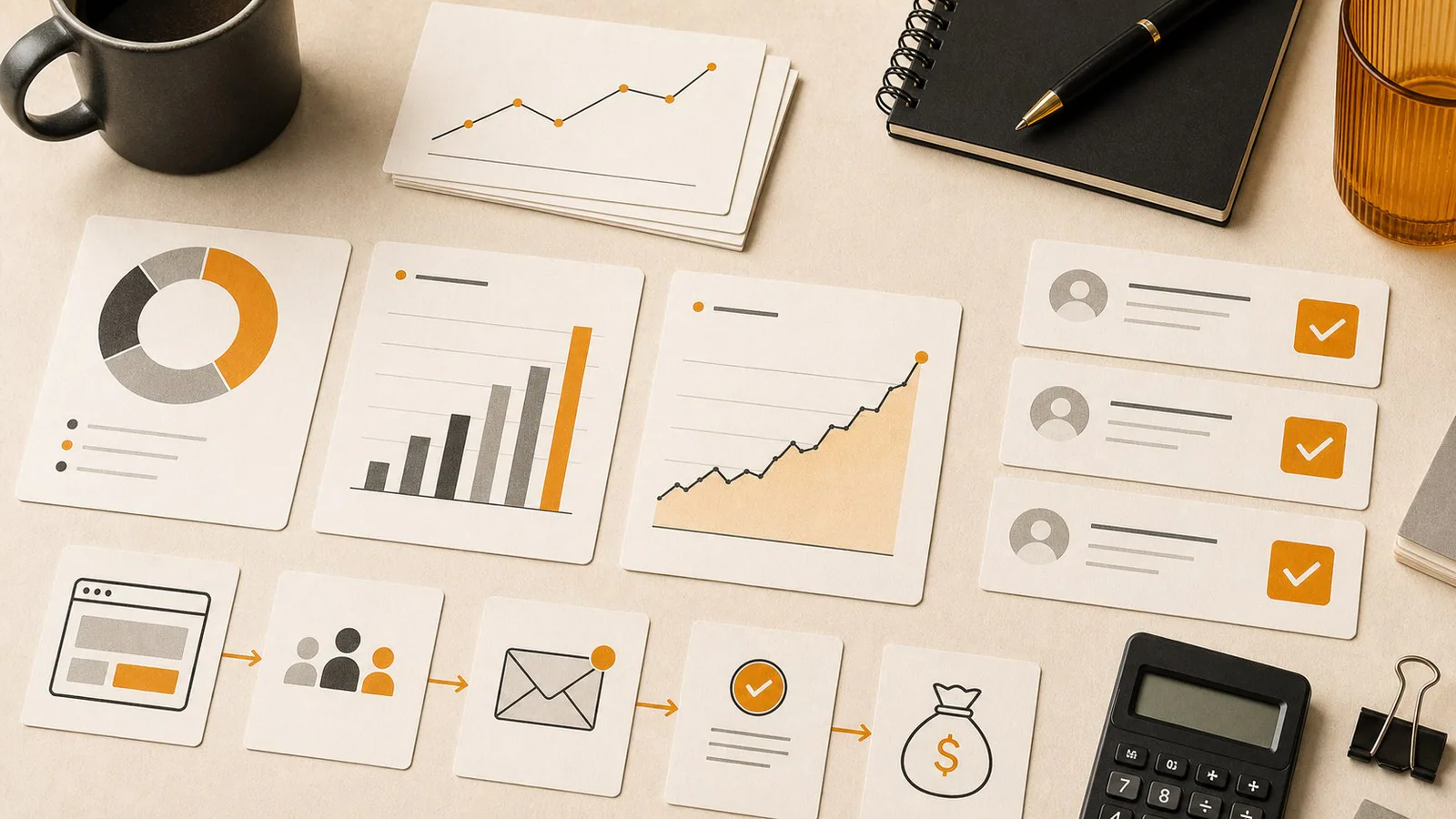 Editorial image of analytics cards connected to enquiry and business value signals