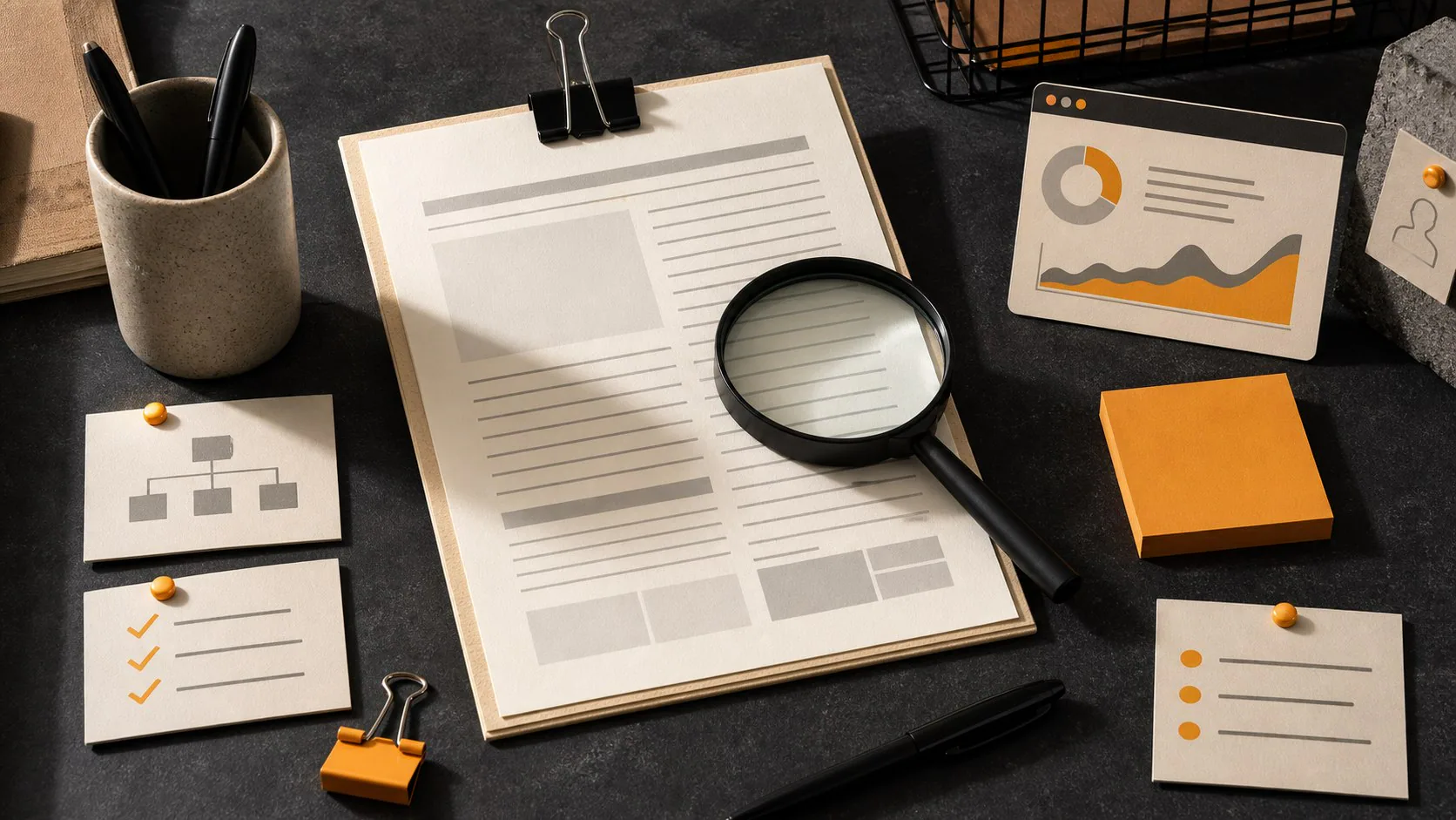 Editorial SEO audit scene with report pages, task cards and a magnifying glass