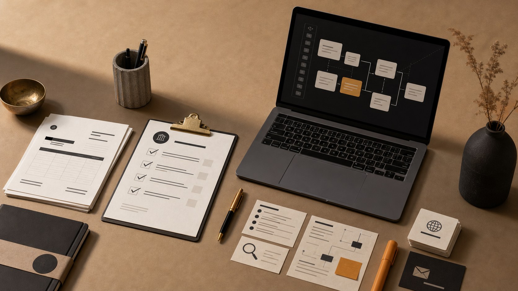 Editorial still life of AI workflow cards, business planning notes and South African startup documents