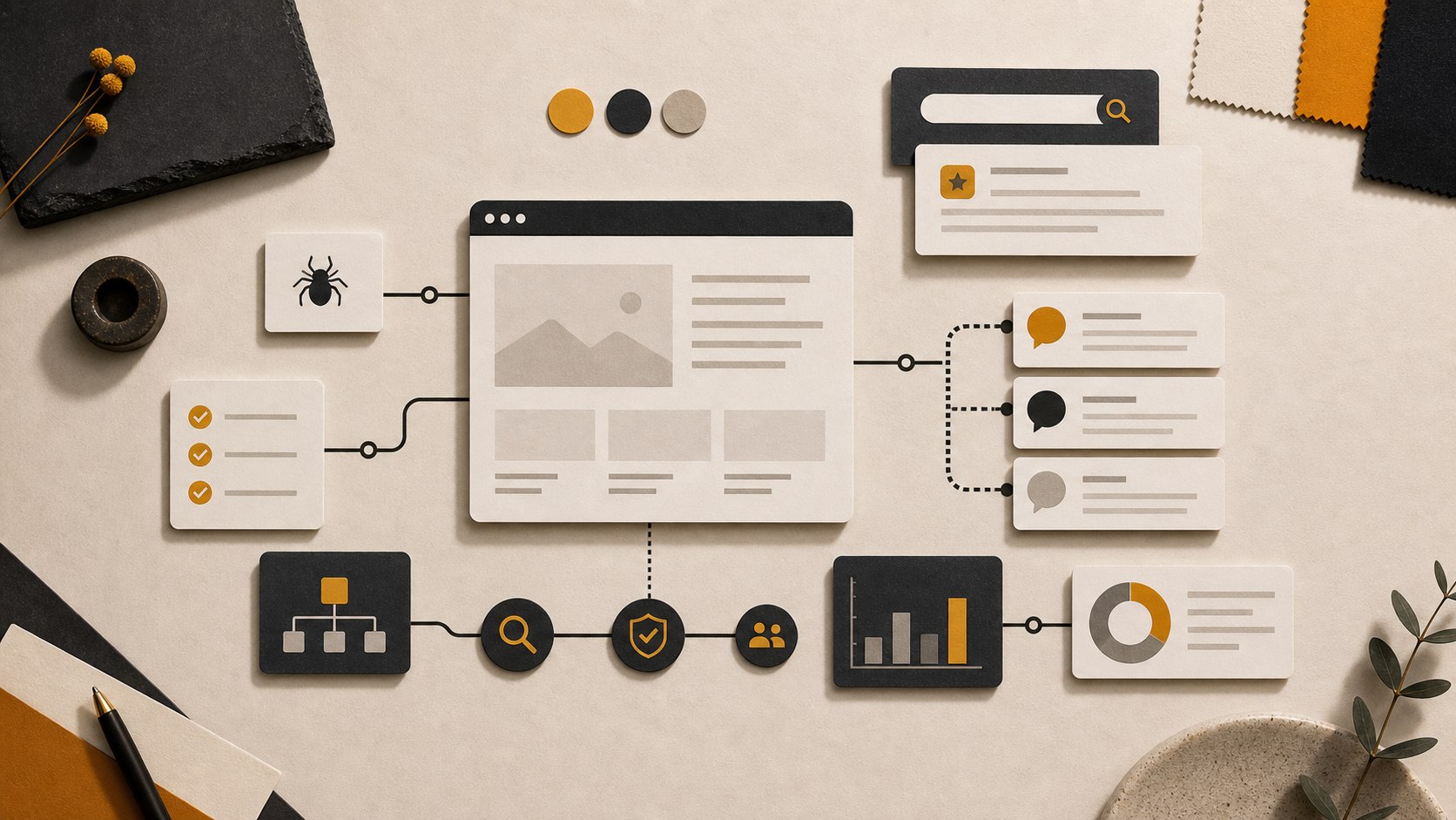 Editorial AI search visibility scene with website, answer and citation cards