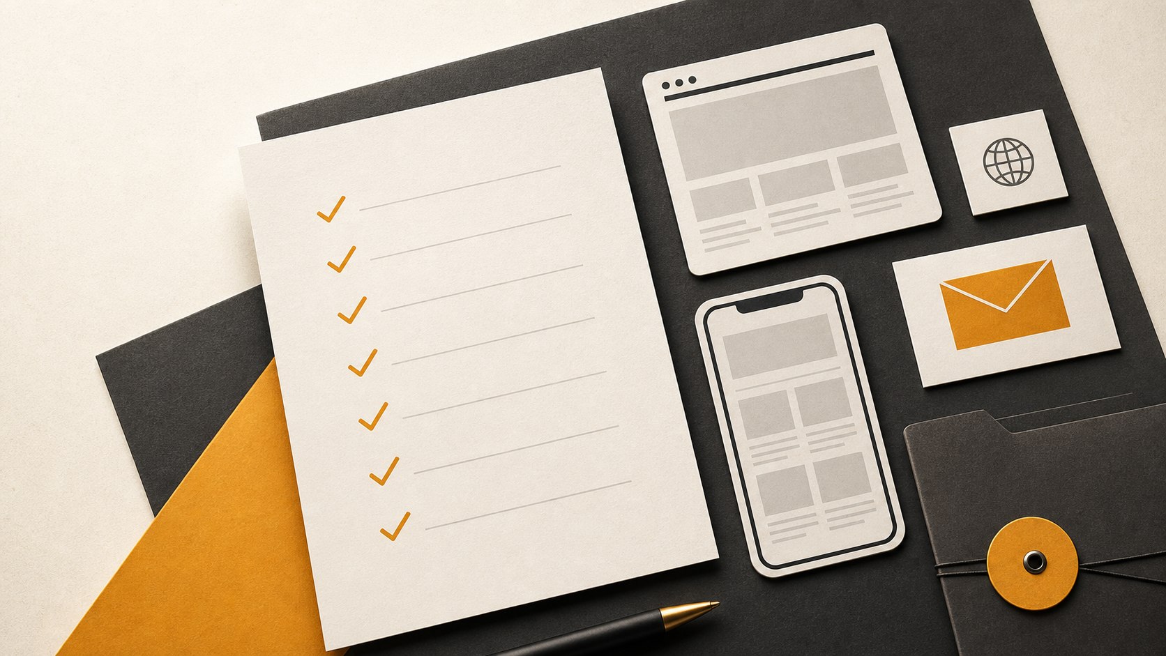 Editorial checklist scene with website launch cards and checked preparation items