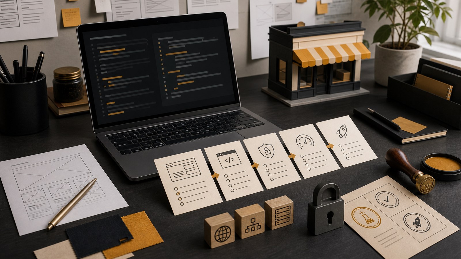 Editorial scene of an AI website prototype being reviewed with launch, ownership and quality checklist cards