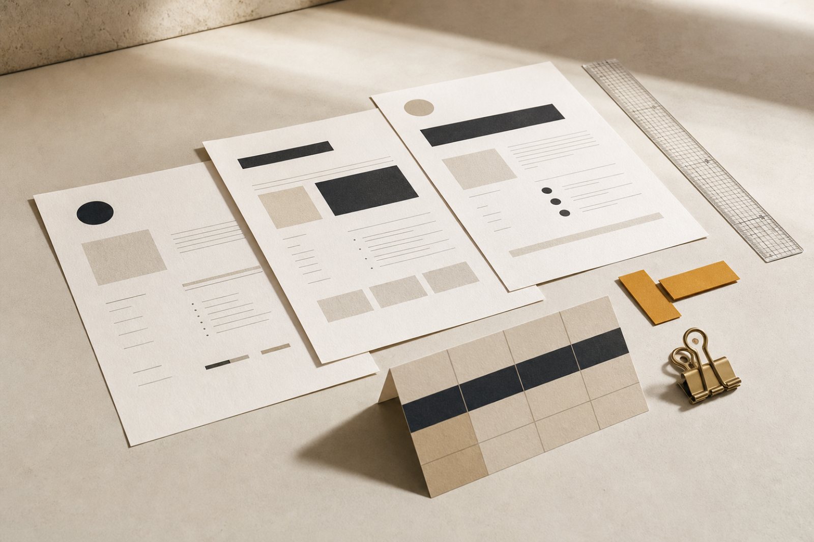 Editorial still life of website proposal sheets, comparison card and ruler