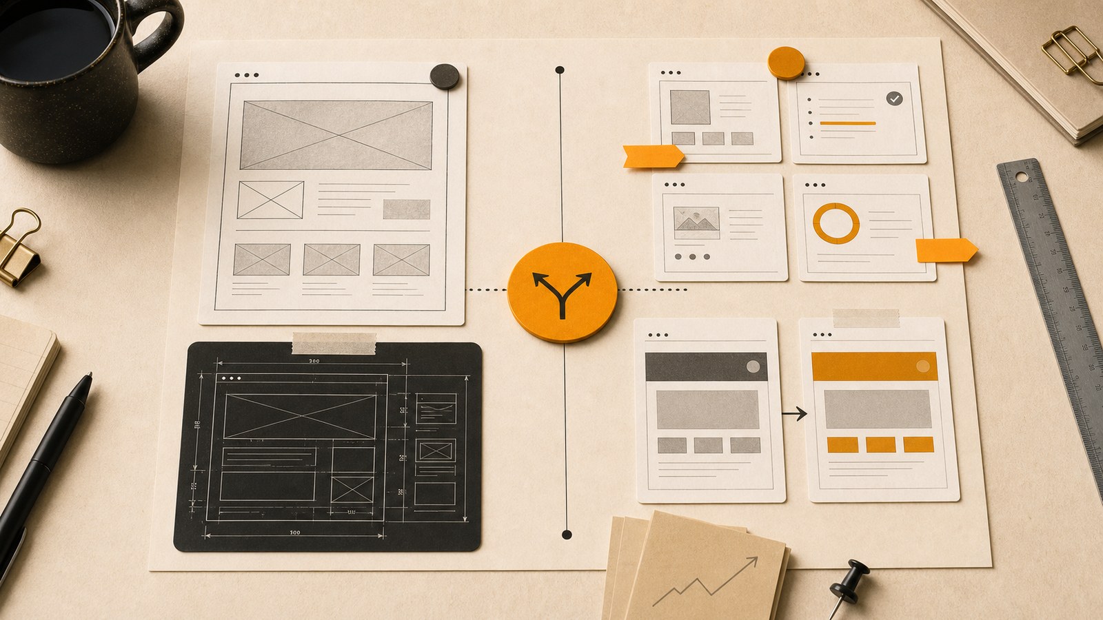Editorial image of redesign blueprint cards and targeted improvement notes