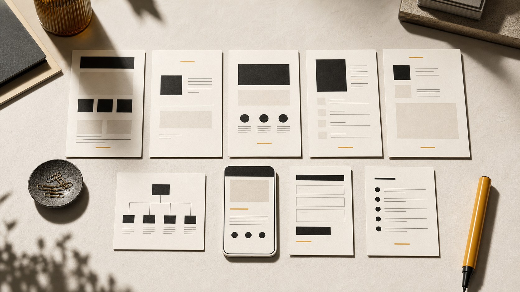 Editorial still life of five website page cards, sitemap notes and launch checklist materials