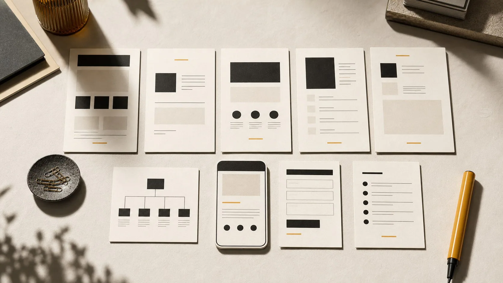Editorial still life of five website page cards, sitemap notes and launch checklist materials