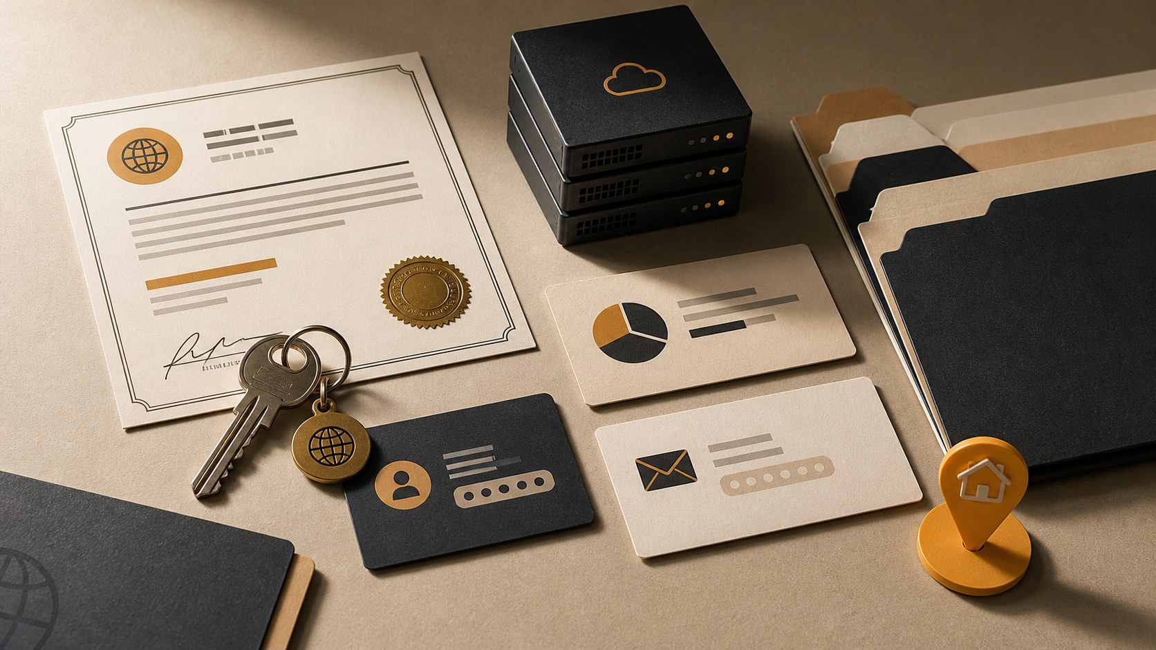 Editorial still life of website ownership handover materials, key, domain card and hosting blocks