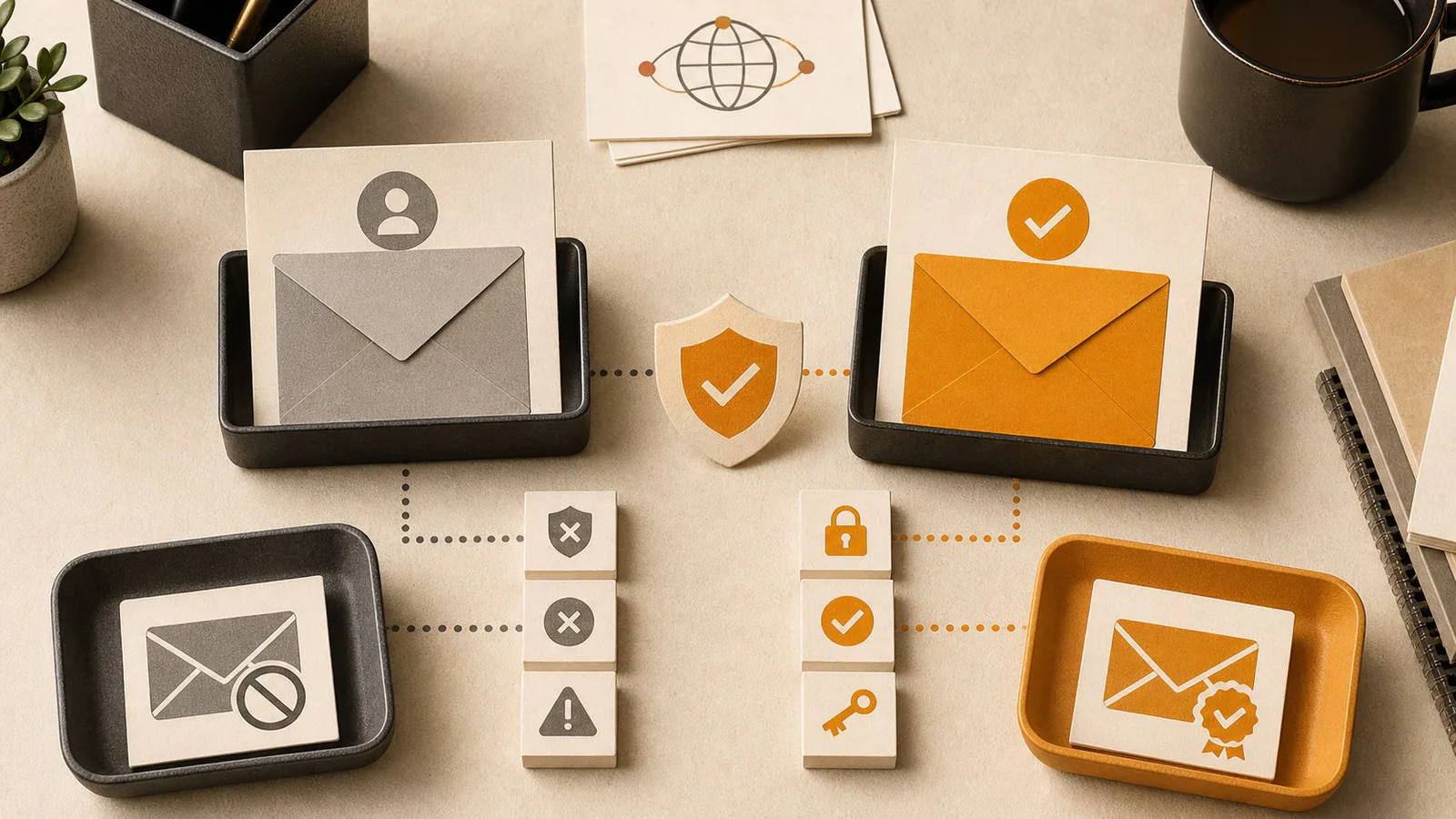 Editorial image of business email trust, mailbox and DNS security cards
