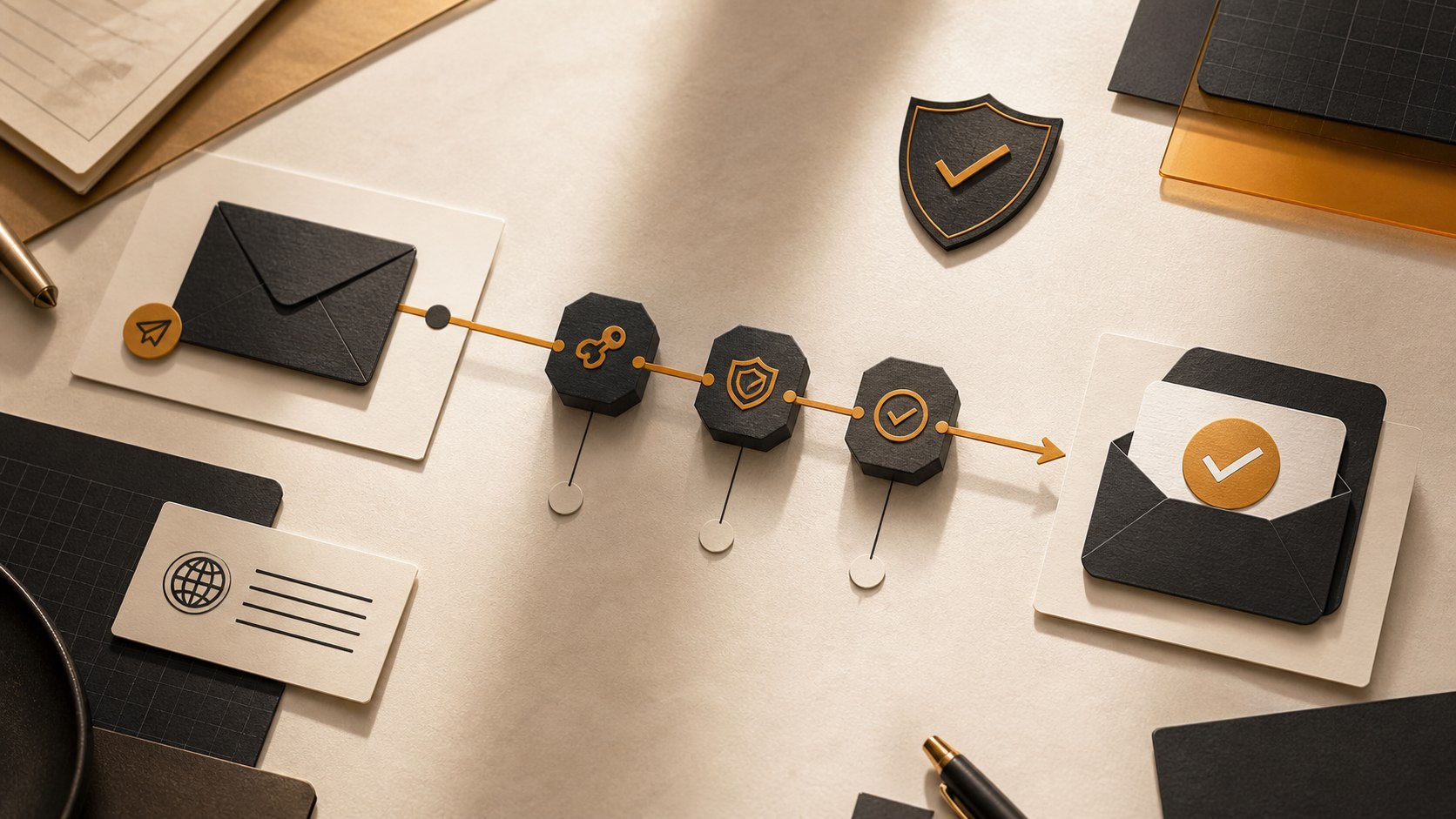 Editorial email authentication scene with envelope cards and security checkpoints
