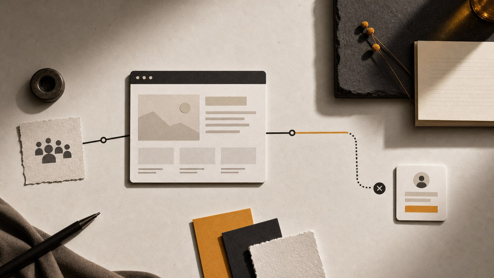 Editorial still life showing an abstract website journey from traffic to enquiry