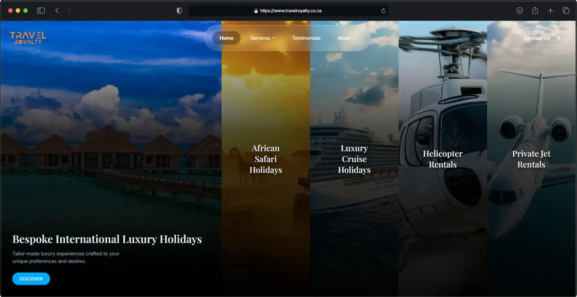 Travel Royalty travel website with premium destination imagery